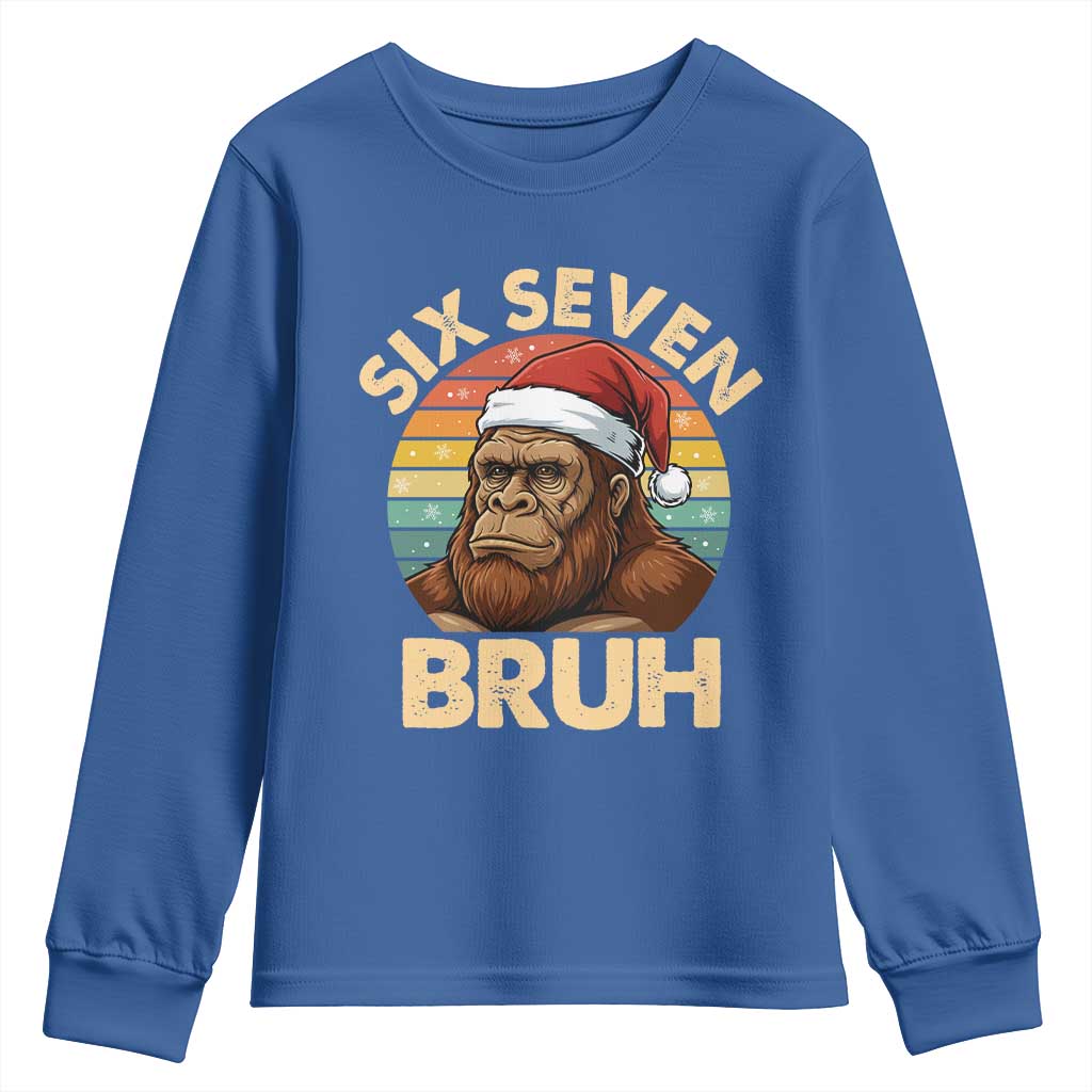 Six Seven Bruh Meme Christmas Bigfoot Youth Sweatshirt 67 Sasquatch Santa Retro Holiday - Wonder Print Shop