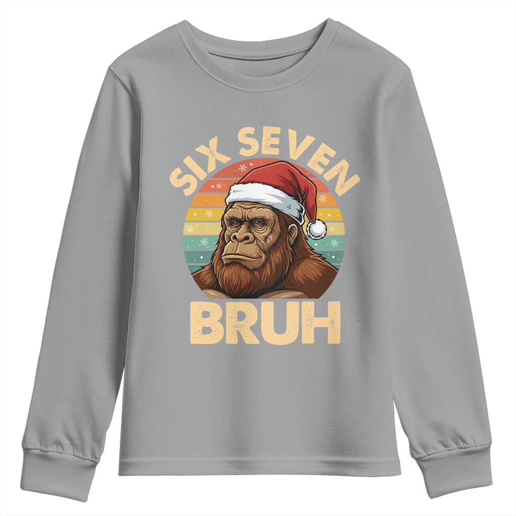 Six Seven Bruh Meme Christmas Bigfoot Youth Sweatshirt 67 Sasquatch Santa Retro Holiday - Wonder Print Shop