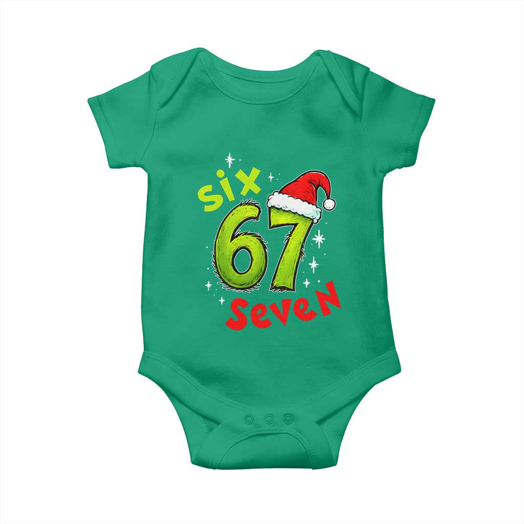 Six Seven Christmas Meme Baby Onesie Funny Green Grinchy 6 7 with Santa Hat - Wonder Print Shop