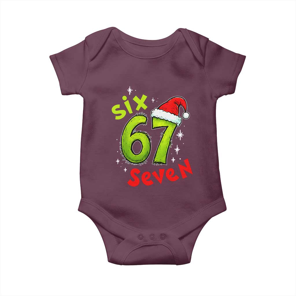 Six Seven Christmas Meme Baby Onesie Funny Green Grinchy 6 7 with Santa Hat - Wonder Print Shop