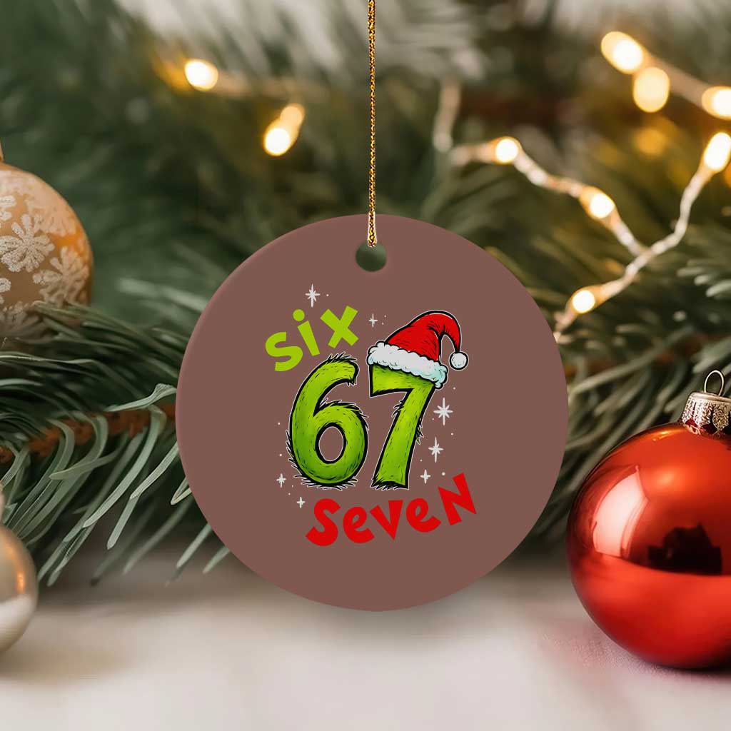 Six Seven Christmas Meme Ceramic Ornament Funny Green Grinchy 6 7 with Santa Hat - Wonder Print Shop