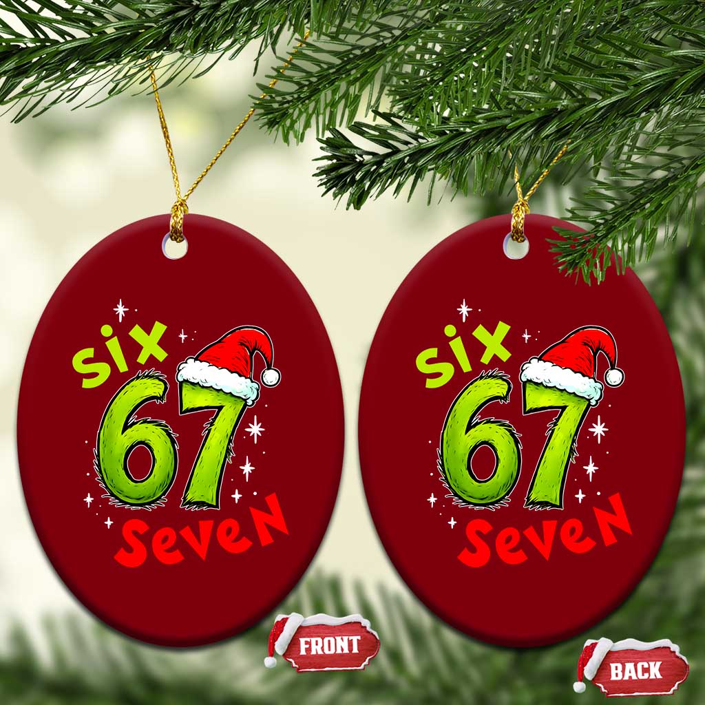 Six Seven Christmas Meme Ceramic Ornament Funny Green Grinchy 6 7 with Santa Hat - Wonder Print Shop