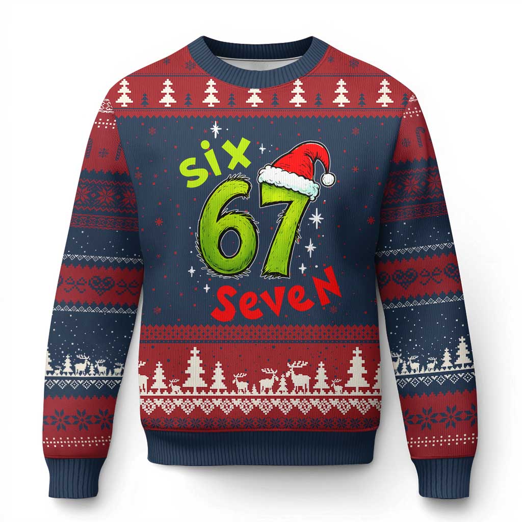 Six Seven Xmas Meme Ugly Christmas Sweater Funny Green Grinchy 6 7 with Santa Hat - Wonder Print Shop