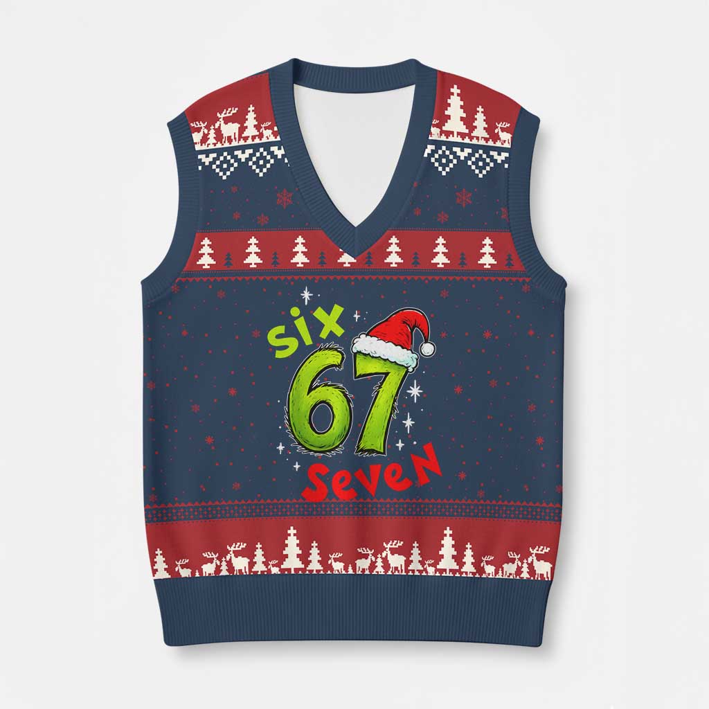 Six Seven Xmas Meme V-Neck Knit Sweater Vest Funny Green Grinchy 6 7 with Santa Hat - Wonder Print Shop