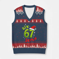 Six Seven Xmas Meme V-Neck Knit Sweater Vest Funny Green Grinchy 6 7 with Santa Hat - Wonder Print Shop