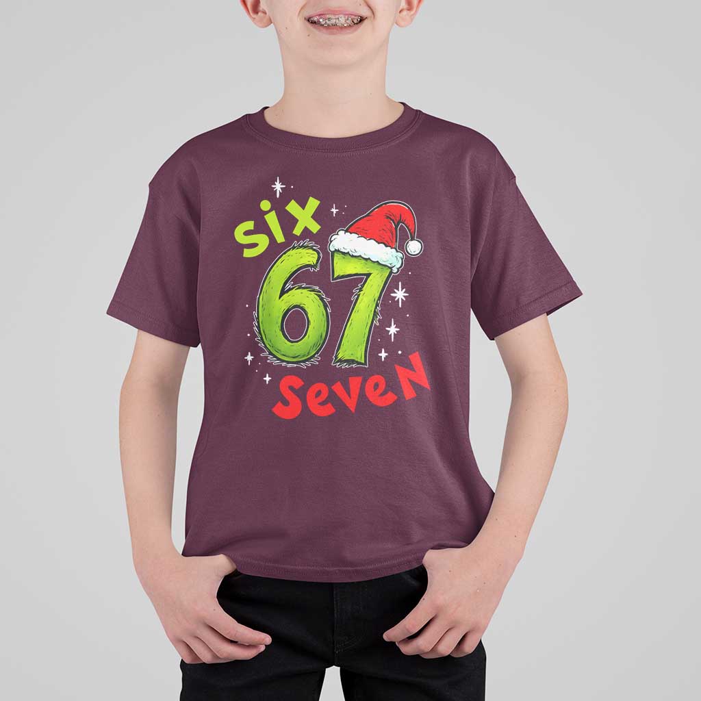 Six Seven Christmas Meme T Shirt For Kid Funny Green Grinchy 6 7 with Santa Hat - Wonder Print Shop