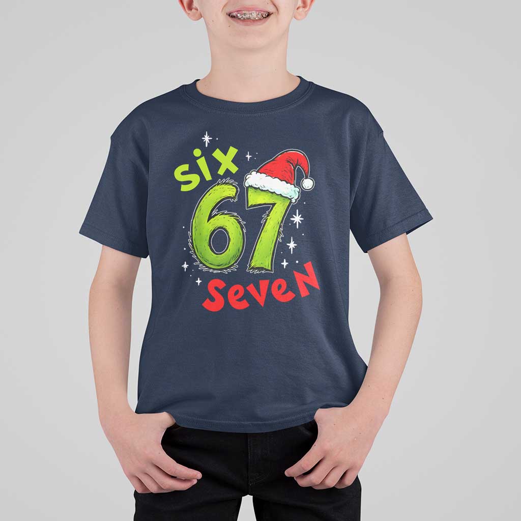 Six Seven Christmas Meme T Shirt For Kid Funny Green Grinchy 6 7 with Santa Hat - Wonder Print Shop