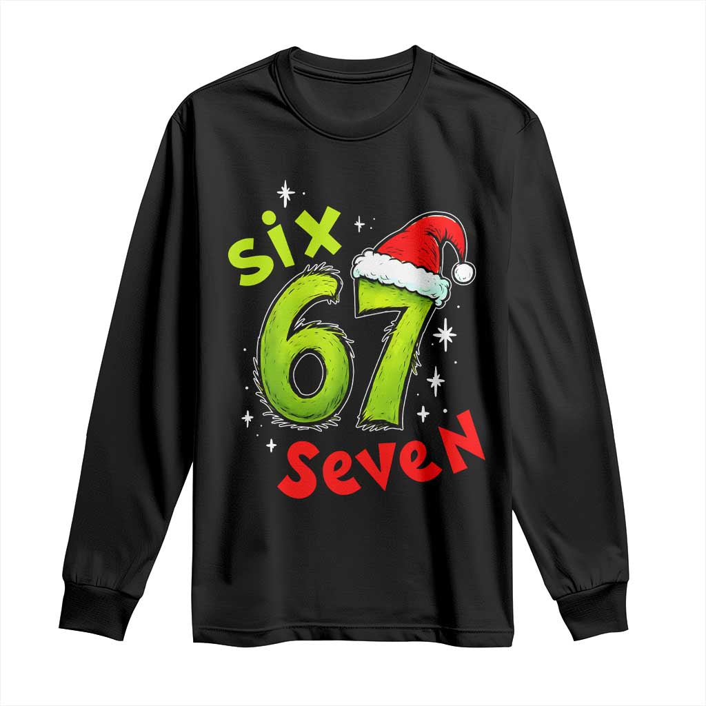 Six Seven Christmas Meme Long Sleeve Shirt Funny Green Grinchy 6 7 with Santa Hat - Wonder Print Shop