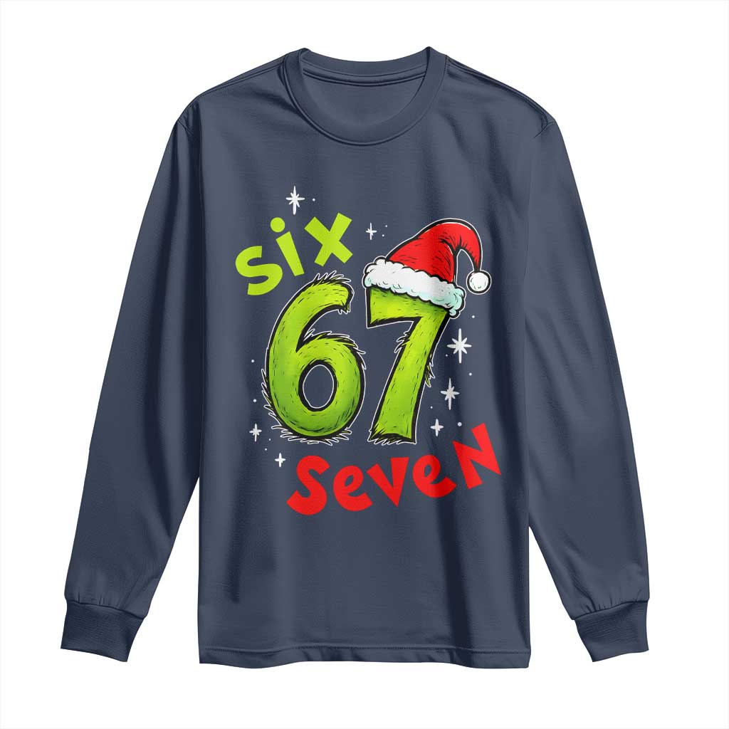Six Seven Christmas Meme Long Sleeve Shirt Funny Green Grinchy 6 7 with Santa Hat - Wonder Print Shop