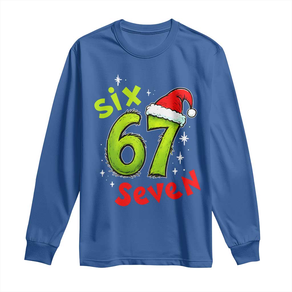 Six Seven Christmas Meme Long Sleeve Shirt Funny Green Grinchy 6 7 with Santa Hat - Wonder Print Shop