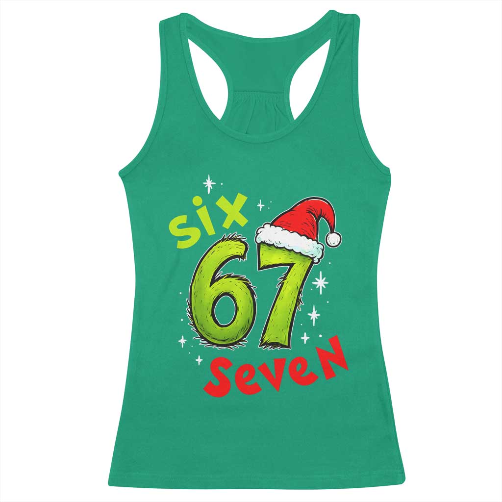 Six Seven Christmas Meme Racerback Tank Top Funny Green Grinchy 6 7 with Santa Hat - Wonder Print Shop