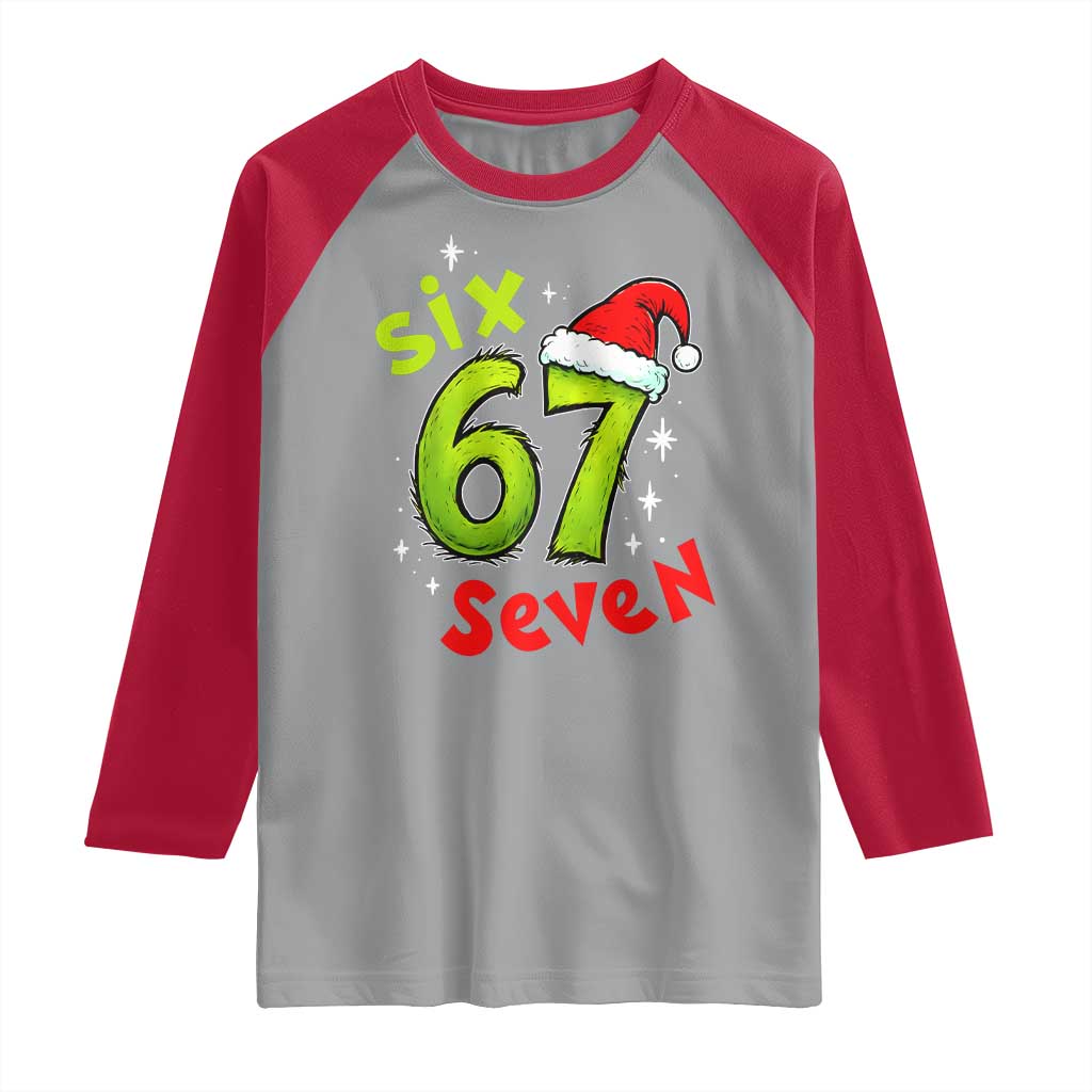 Six Seven Christmas Meme Raglan Shirt Funny Green Grinchy 6 7 with Santa Hat - Wonder Print Shop