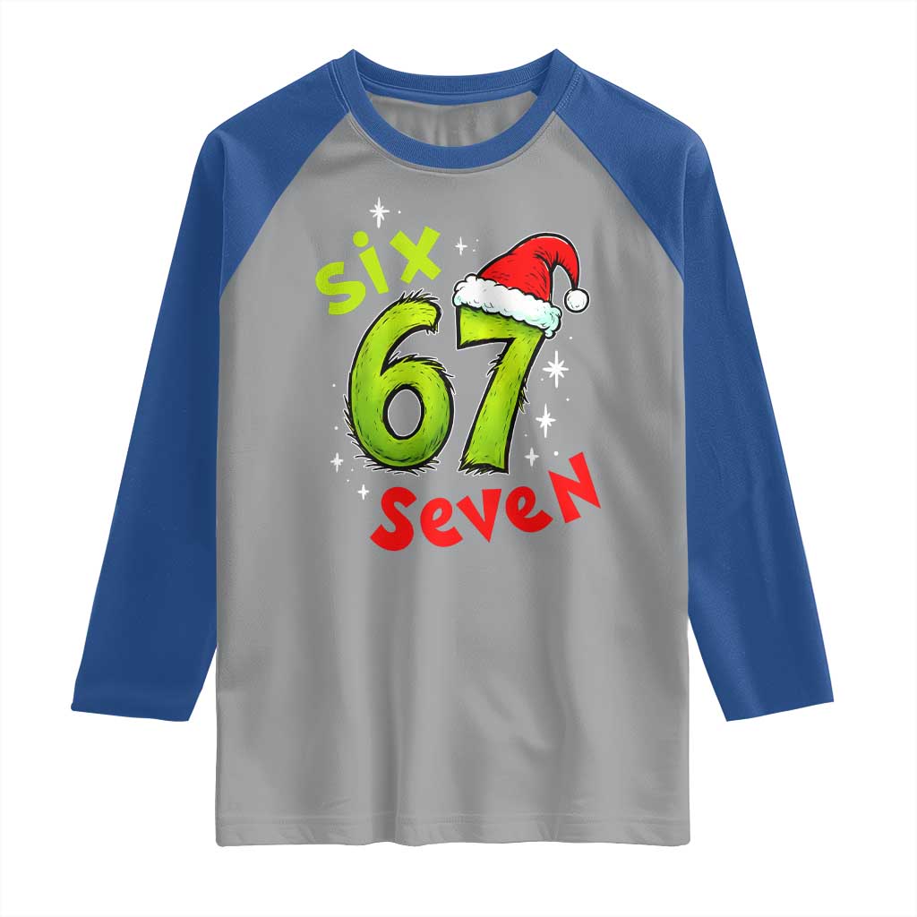 Six Seven Christmas Meme Raglan Shirt Funny Green Grinchy 6 7 with Santa Hat - Wonder Print Shop