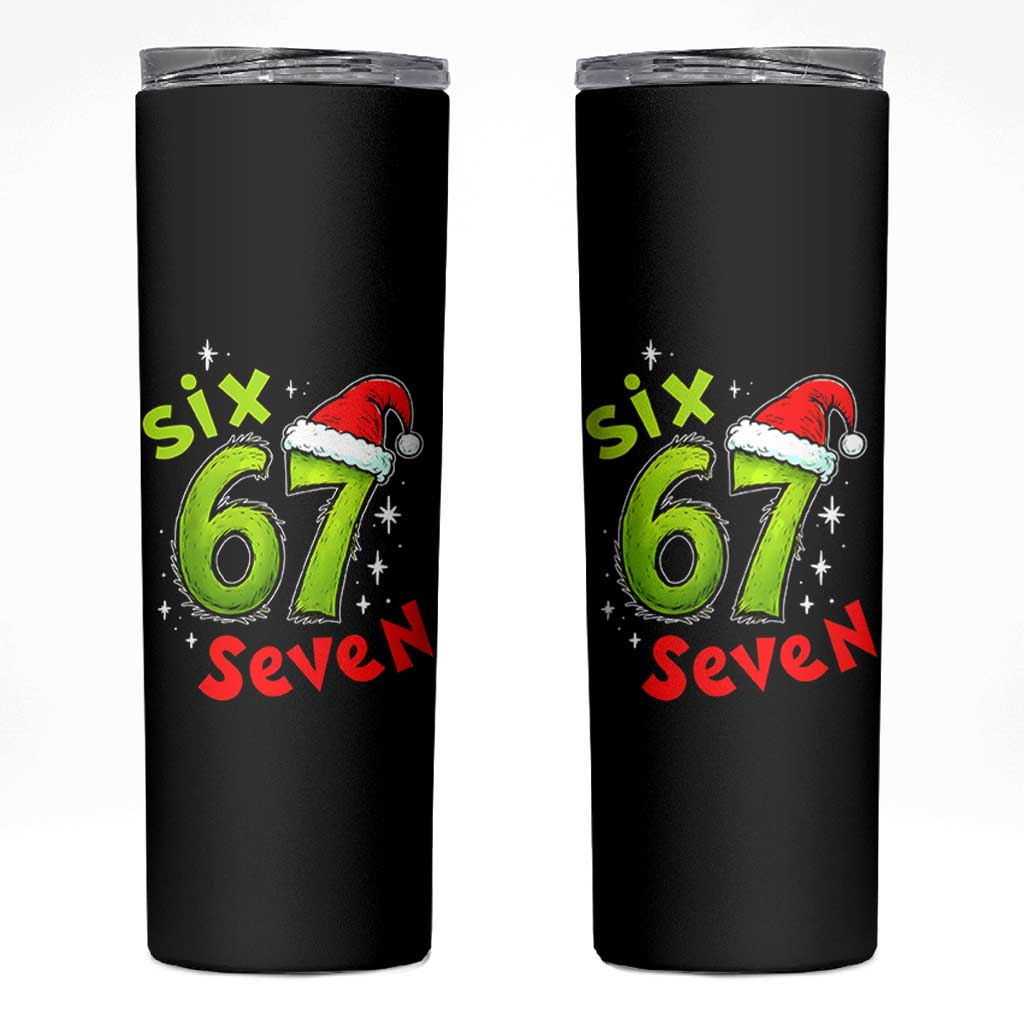 Six Seven Christmas Meme Skinny Tumbler Funny Green Grinchy 6 7 with Santa Hat - Wonder Print Shop