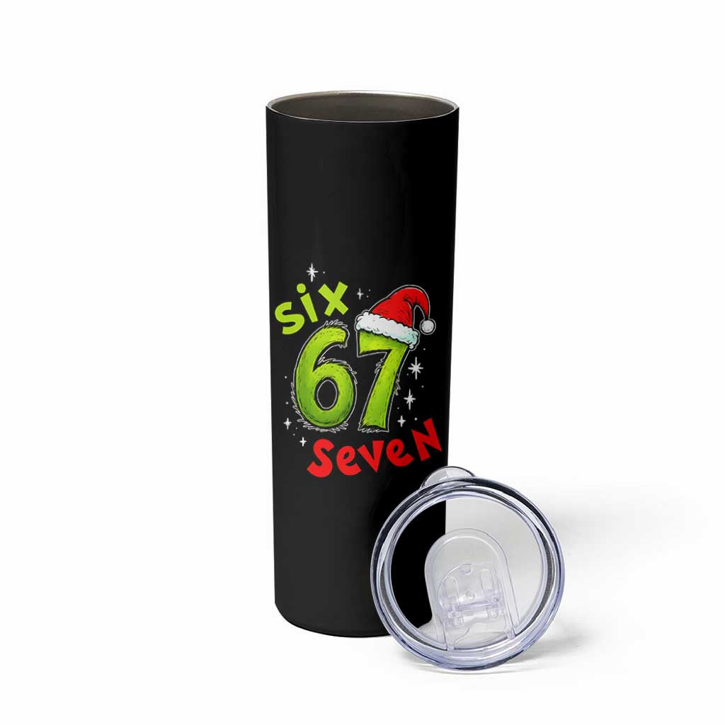 Six Seven Christmas Meme Skinny Tumbler Funny Green Grinchy 6 7 with Santa Hat - Wonder Print Shop