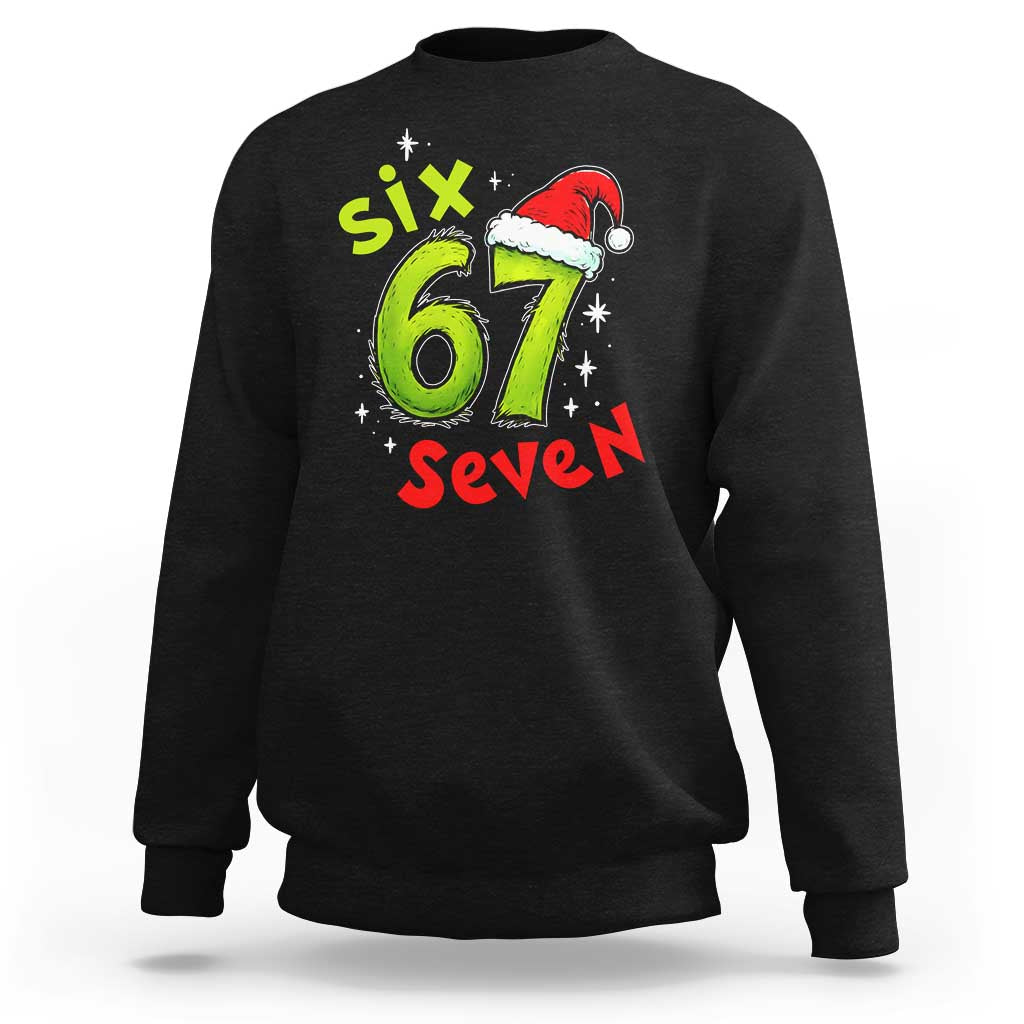 Six Seven Christmas Meme Sweatshirt Funny Green Grinchy 6 7 with Santa Hat - Wonder Print Shop