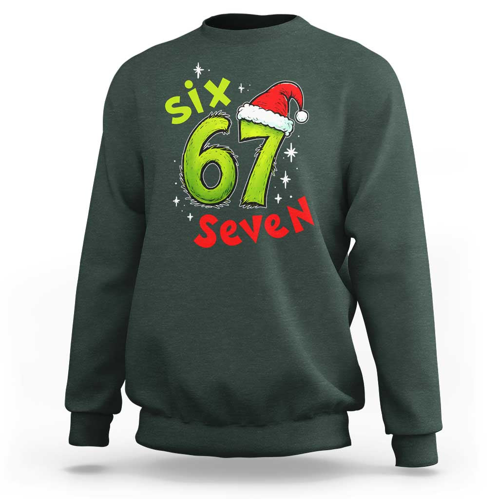 Six Seven Christmas Meme Sweatshirt Funny Green Grinchy 6 7 with Santa Hat - Wonder Print Shop
