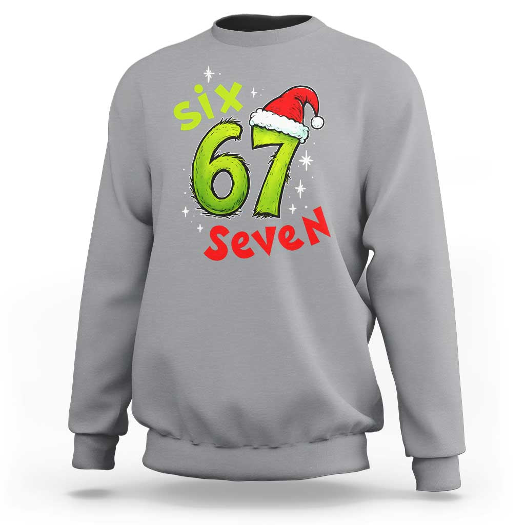 Six Seven Christmas Meme Sweatshirt Funny Green Grinchy 6 7 with Santa Hat - Wonder Print Shop