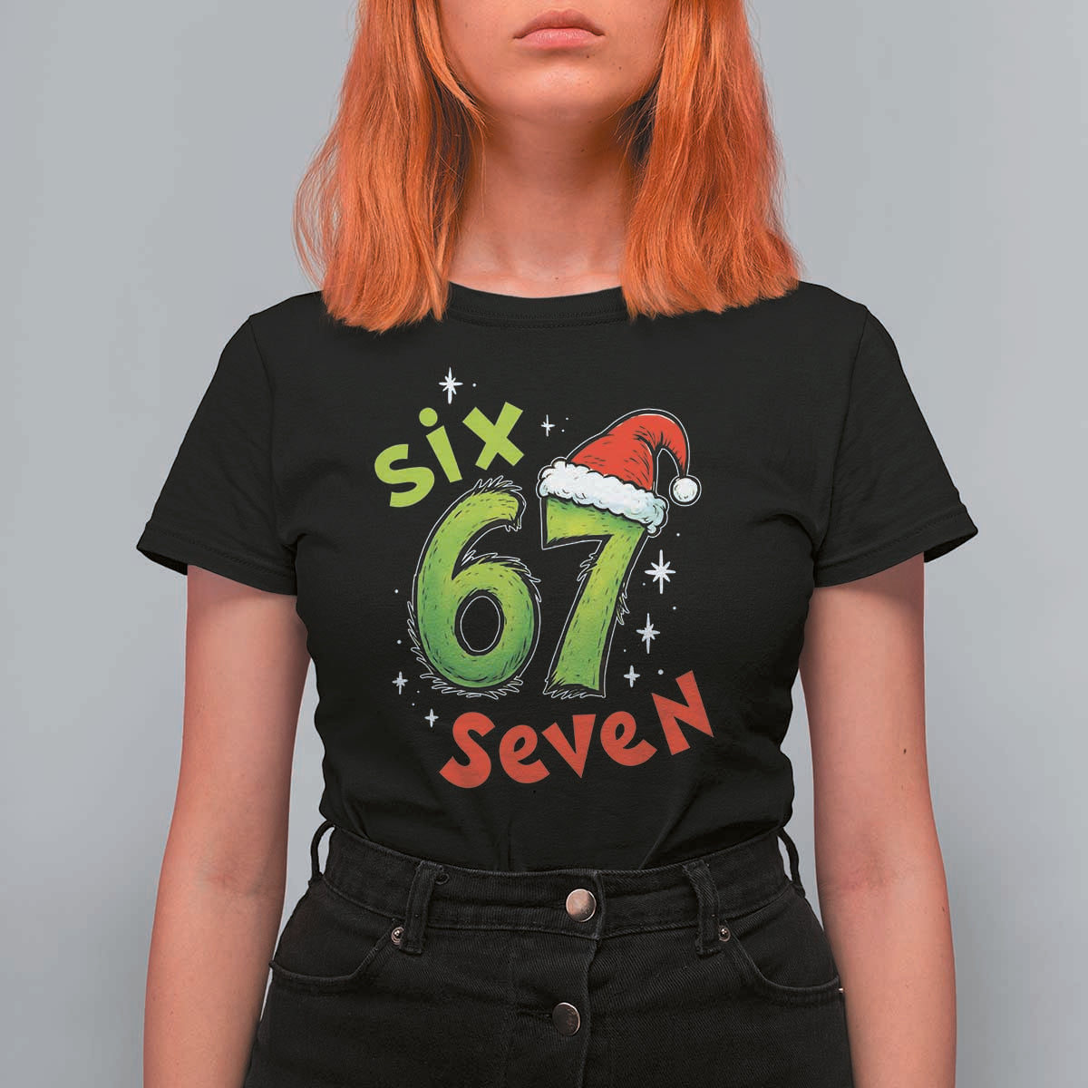 Six Seven Christmas Meme T Shirt For Women Funny Green Grinchy 6 7 with Santa Hat - Wonder Print Shop