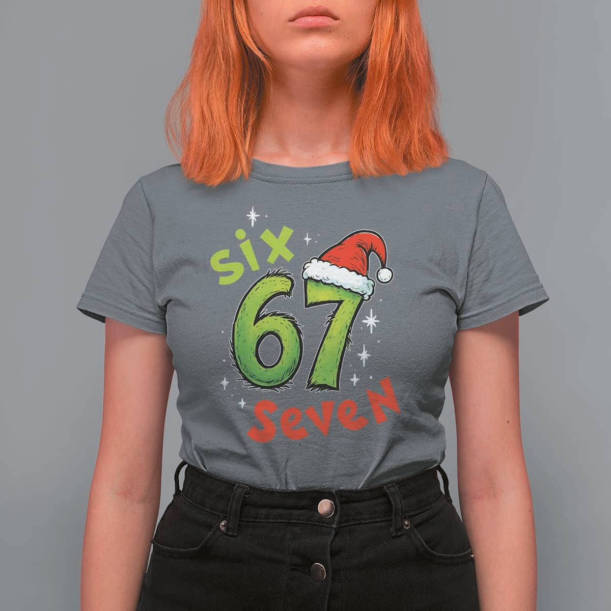 Six Seven Christmas Meme T Shirt For Women Funny Green Grinchy 6 7 with Santa Hat - Wonder Print Shop
