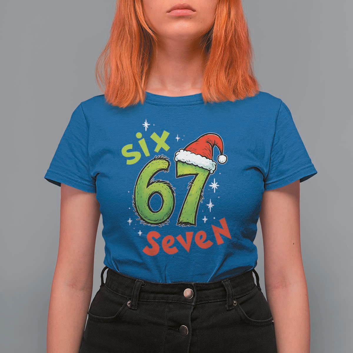 Six Seven Christmas Meme T Shirt For Women Funny Green Grinchy 6 7 with Santa Hat - Wonder Print Shop