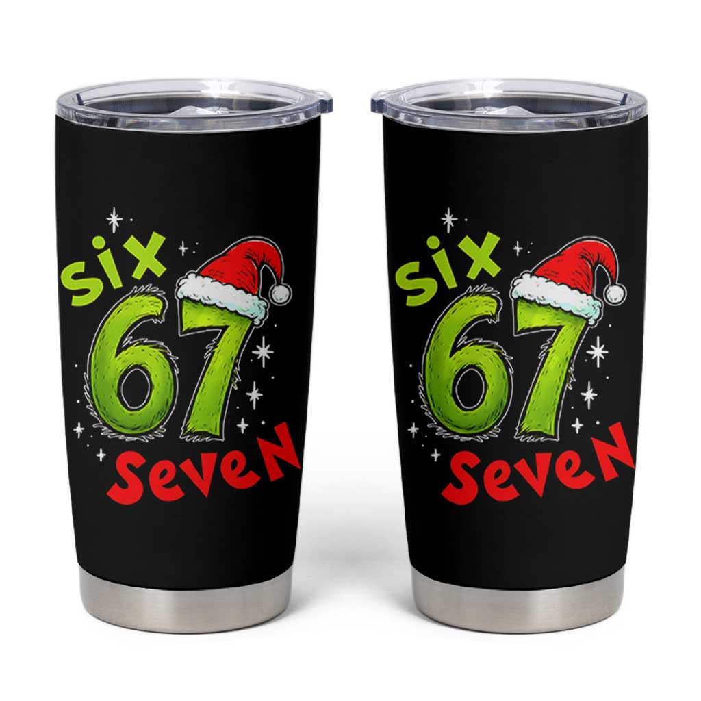 Six Seven Christmas Meme Tumbler Cup Funny Green Grinchy 6 7 with Santa Hat - Wonder Print Shop