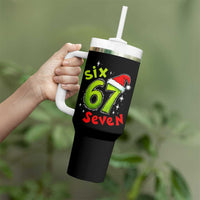 Six Seven Christmas Meme Tumbler With Handle Funny Green Grinchy 6 7 with Santa Hat - Wonder Print Shop