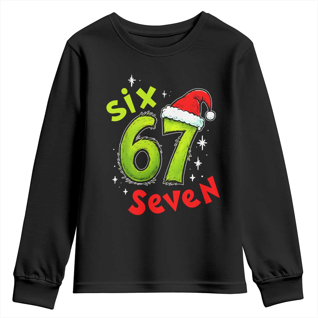 Six Seven Christmas Meme Youth Sweatshirt Funny Green Grinchy 6 7 with Santa Hat - Wonder Print Shop