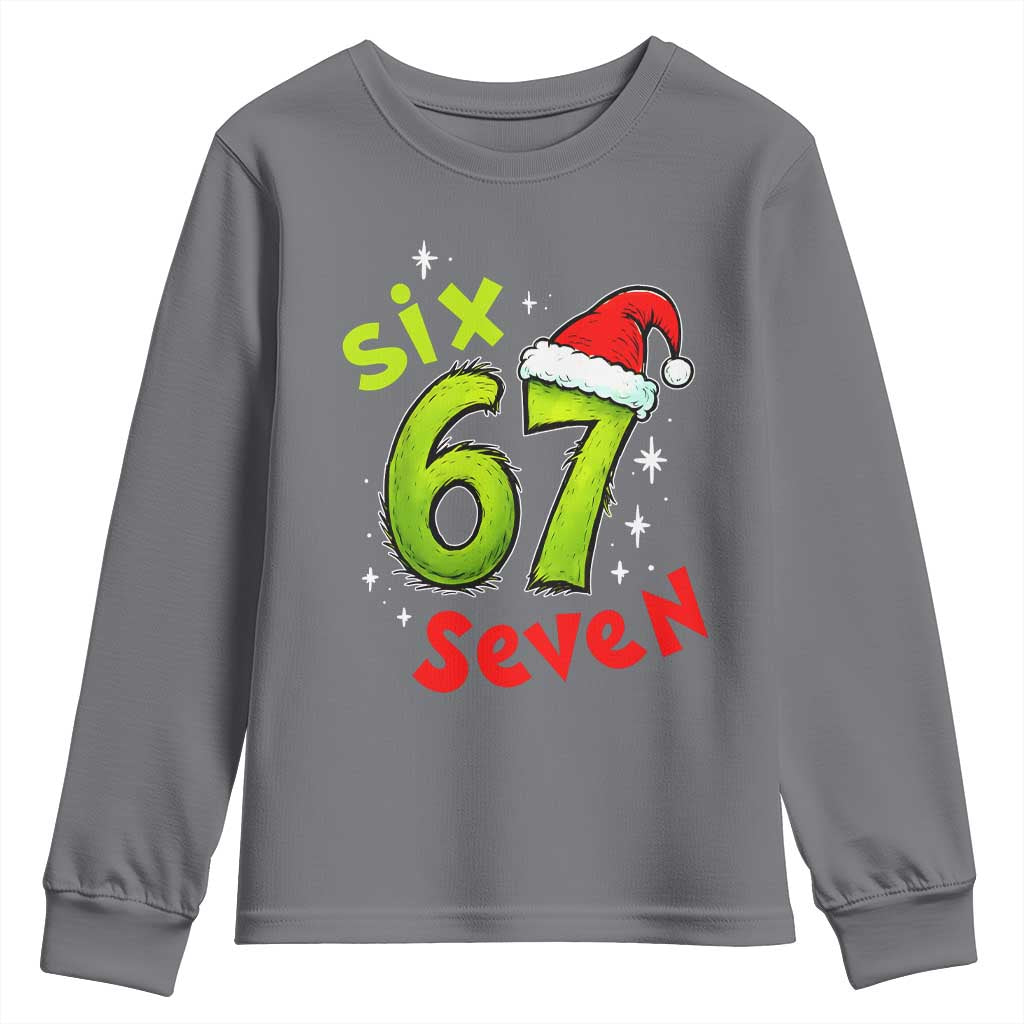 Six Seven Christmas Meme Youth Sweatshirt Funny Green Grinchy 6 7 with Santa Hat - Wonder Print Shop