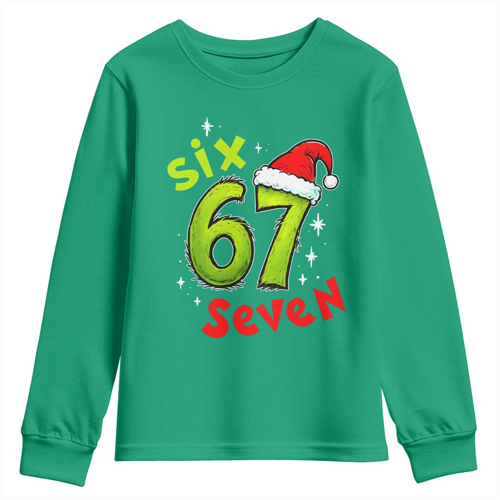 Six Seven Christmas Meme Youth Sweatshirt Funny Green Grinchy 6 7 with Santa Hat - Wonder Print Shop