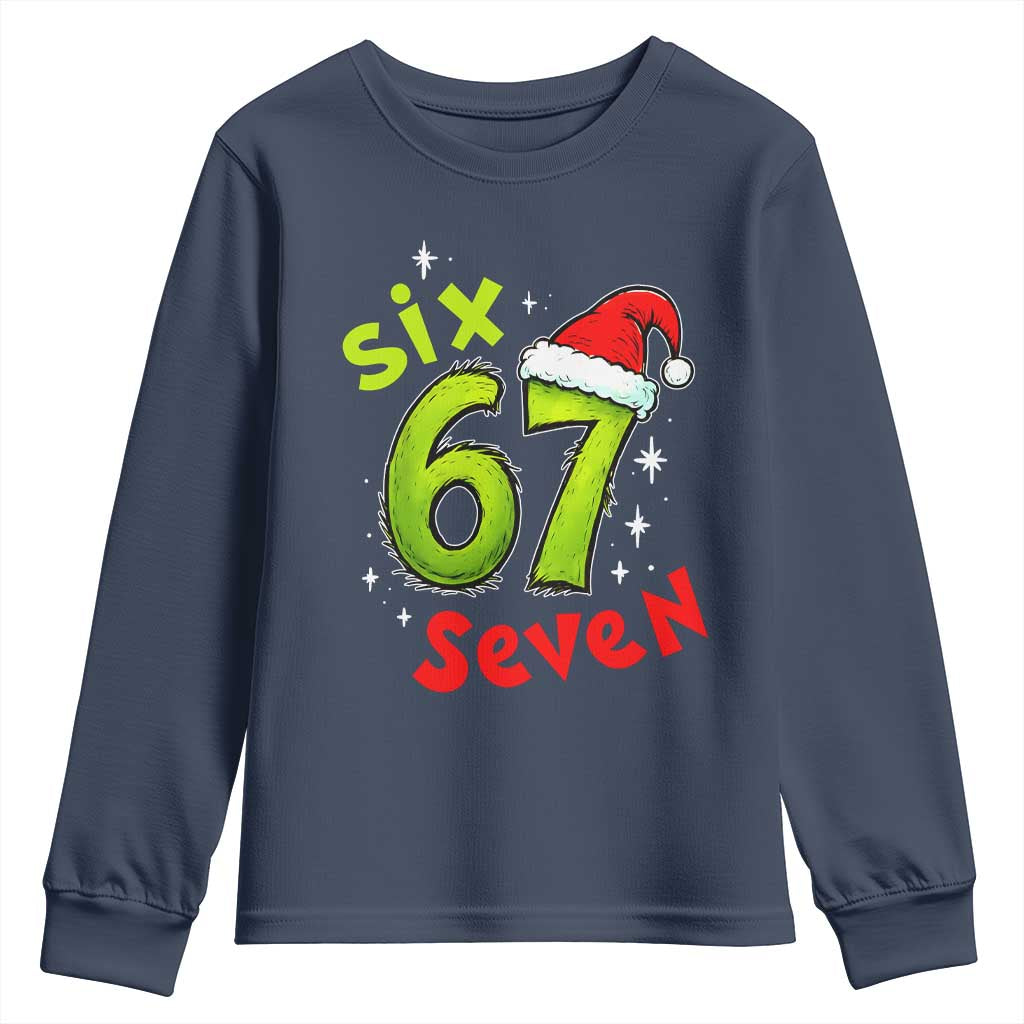 Six Seven Christmas Meme Youth Sweatshirt Funny Green Grinchy 6 7 with Santa Hat - Wonder Print Shop