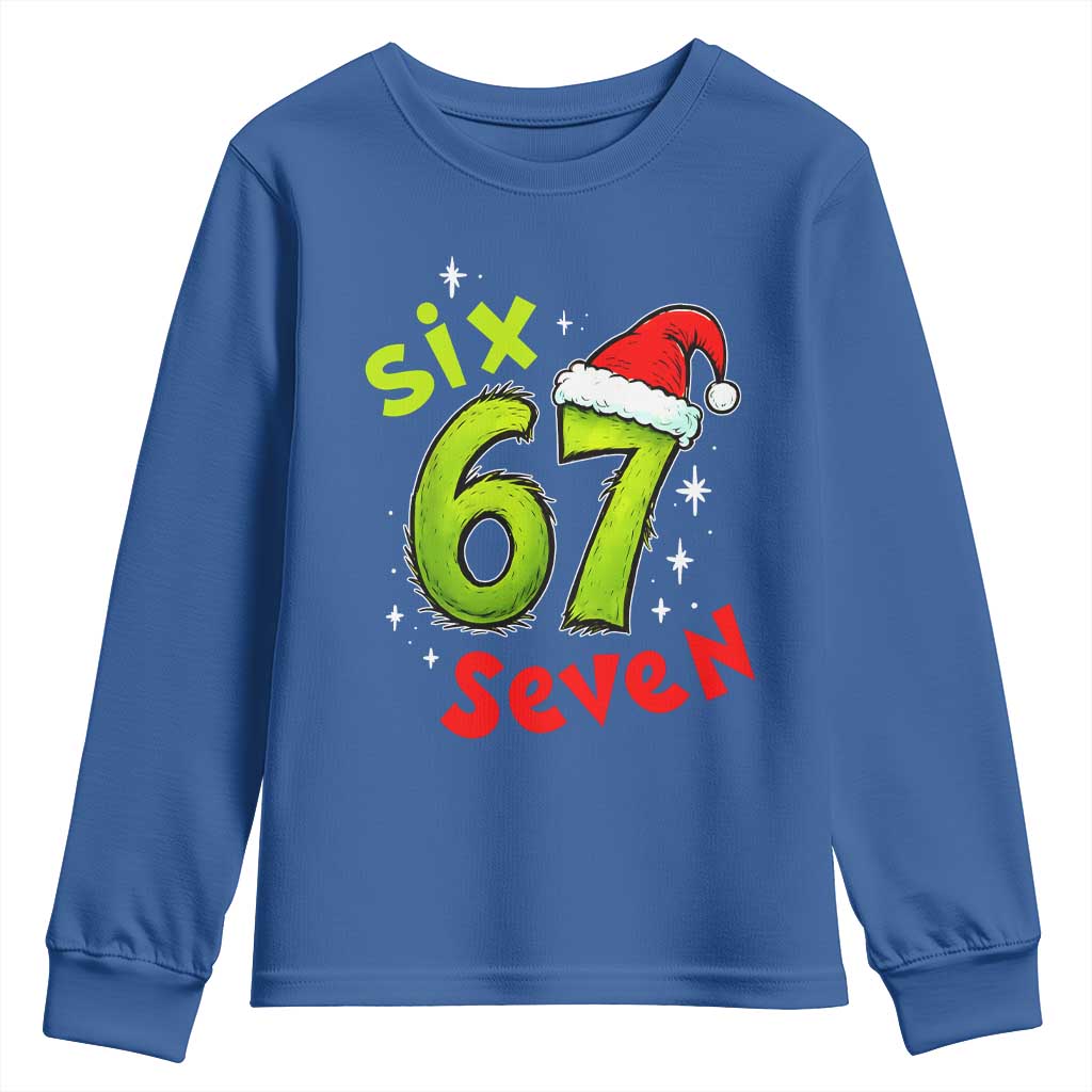 Six Seven Christmas Meme Youth Sweatshirt Funny Green Grinchy 6 7 with Santa Hat - Wonder Print Shop