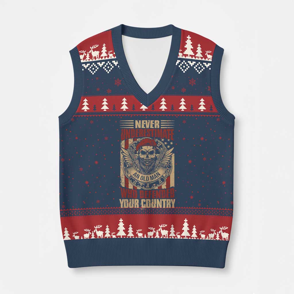 American Veteran V-Neck Knit Sweater Vest Never Underestimate An Old Man Who Defended Your Country - Wonder Print Shop