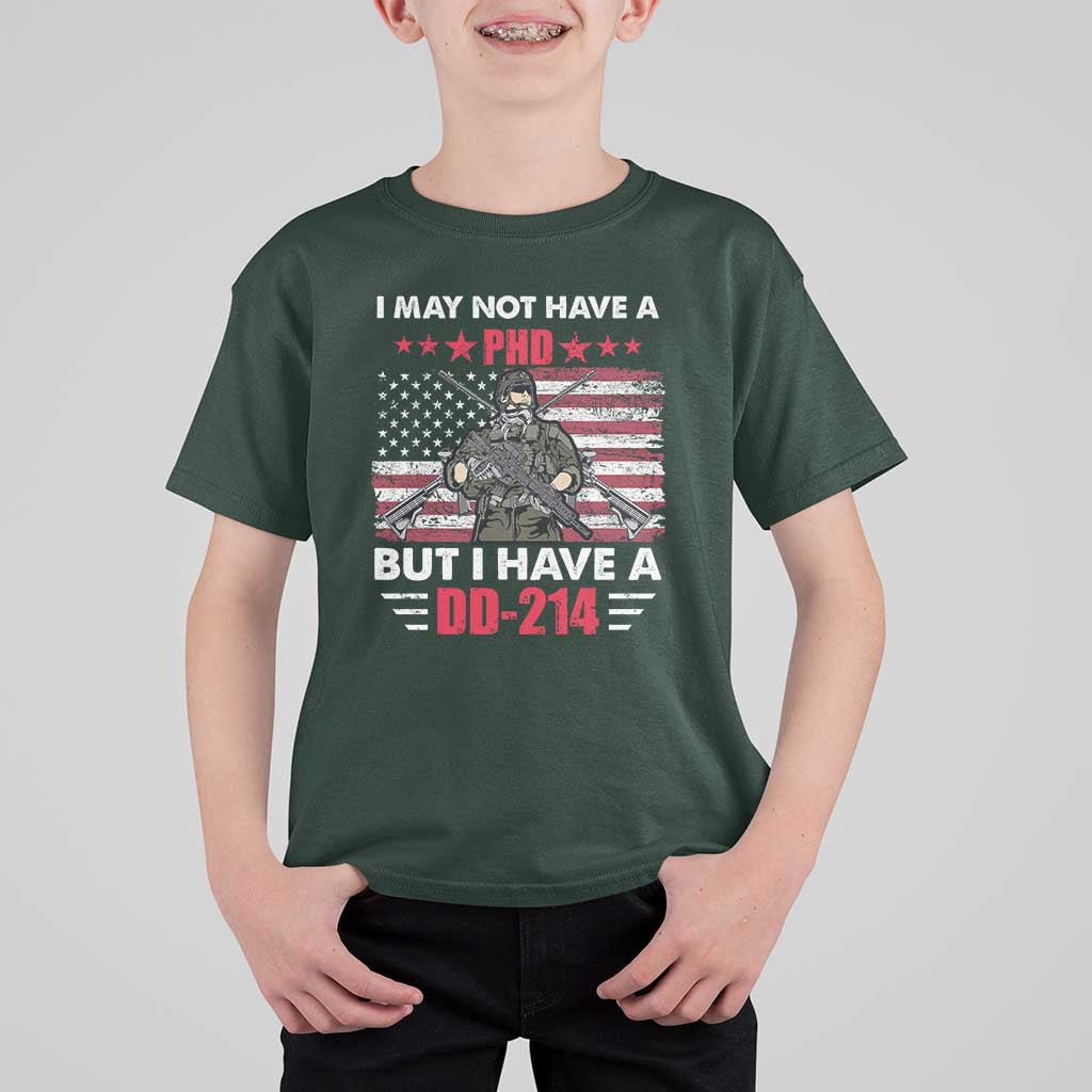 American Veteran T Shirt For Kid I May Not Have A PhD But Have A DD-214 US Bald Eagle