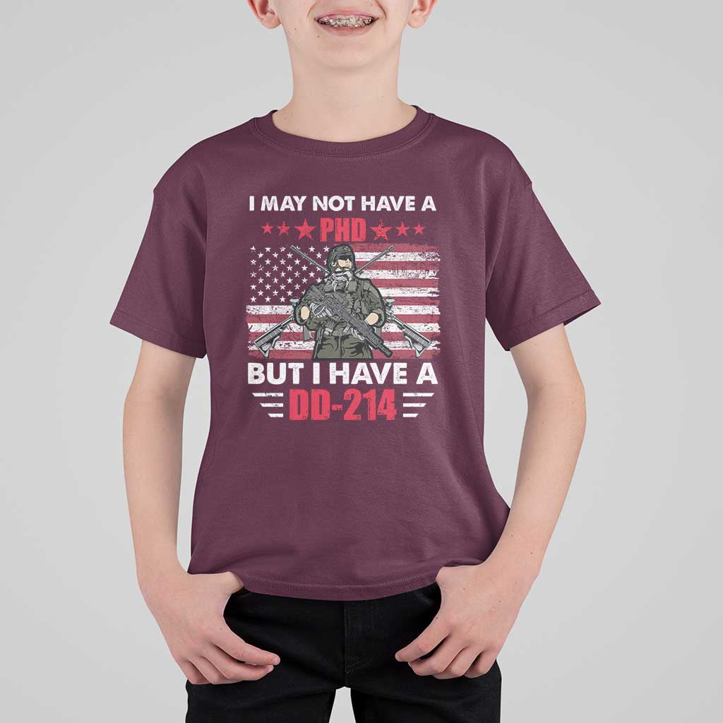 American Veteran T Shirt For Kid I May Not Have A PhD But Have A DD-214 US Bald Eagle