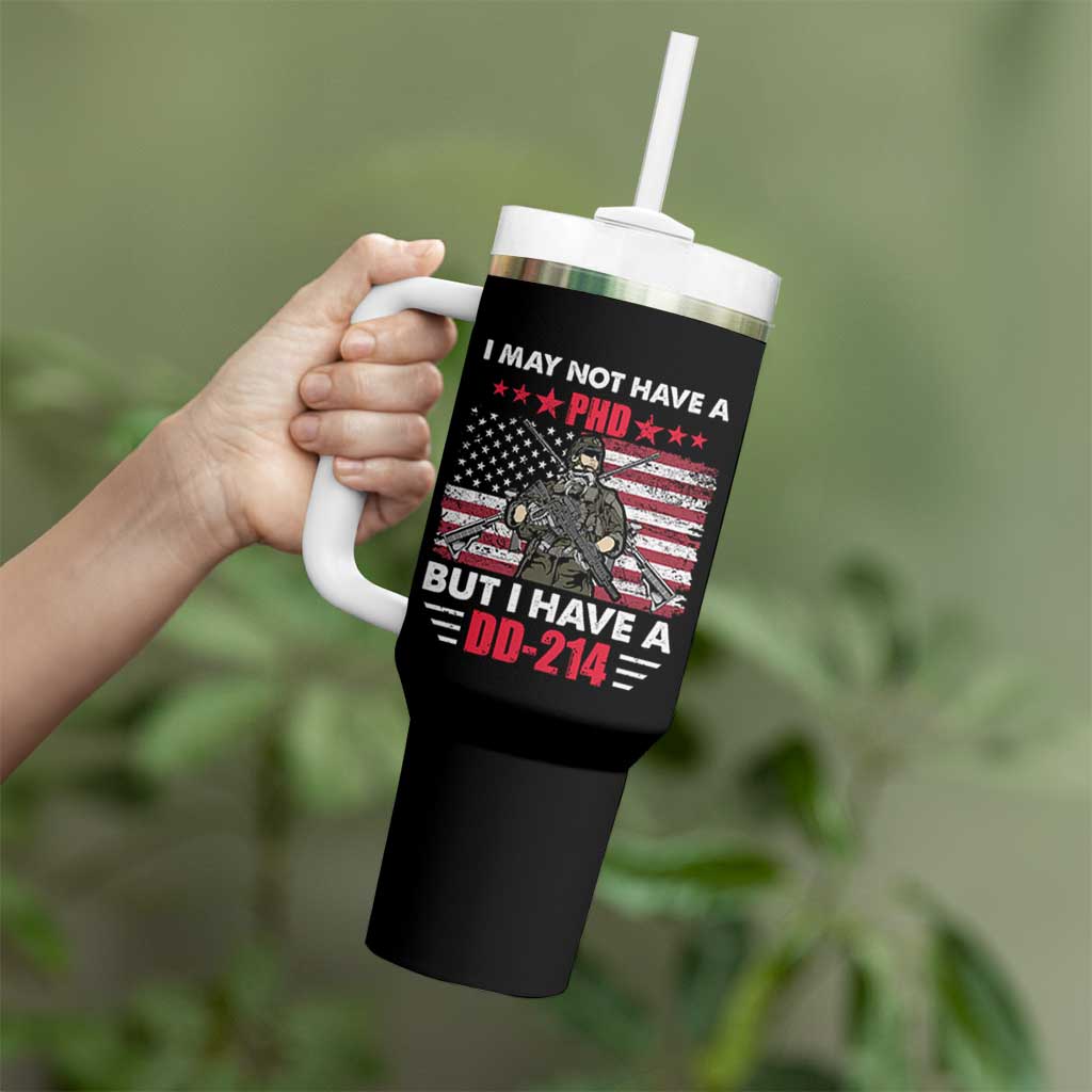 American Veteran Tumbler With Handle I May Not Have A PhD But Have A DD-214 US Bald Eagle