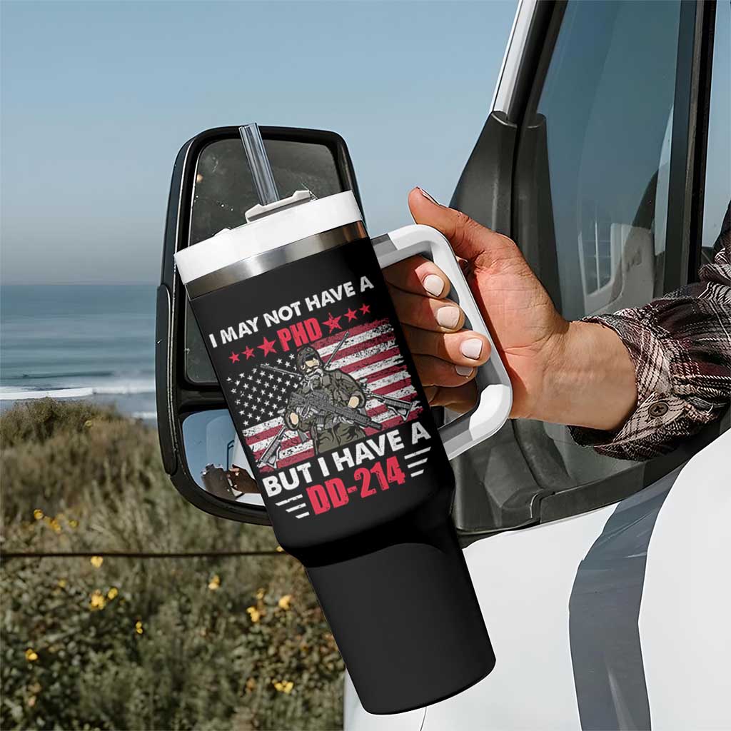 American Veteran Tumbler With Handle I May Not Have A PhD But Have A DD-214 US Bald Eagle