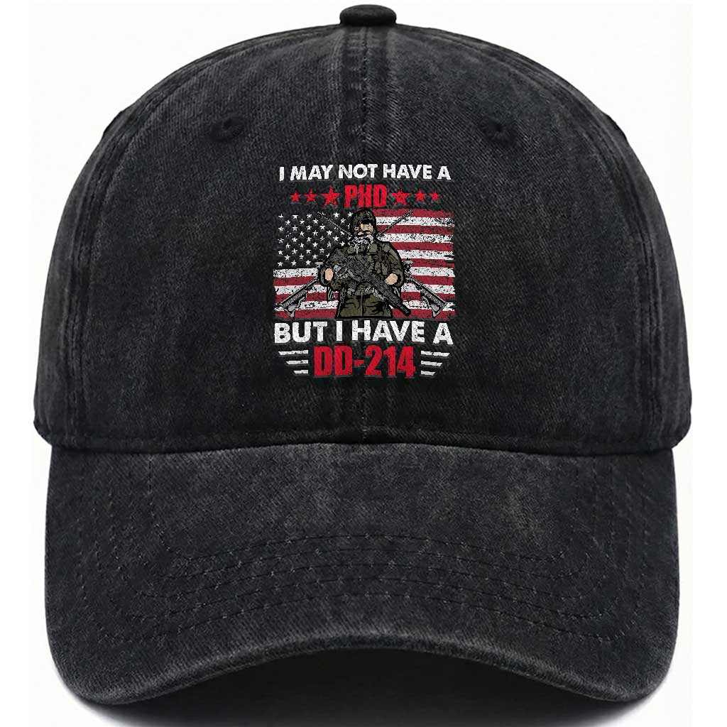 American Veteran Washed Cotton Baseball Cap I May Not Have A PhD But Have A DD-214 US Bald Eagle
