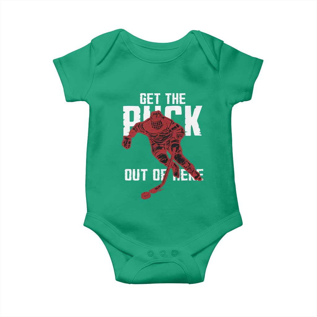 Get The Puck Out of Here Baby Onesie Sarcastic Ice Hockey Pun Humor