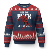 Get The Puck Out of Here Ugly Christmas Sweater Sarcastic Ice Hockey Pun Humor