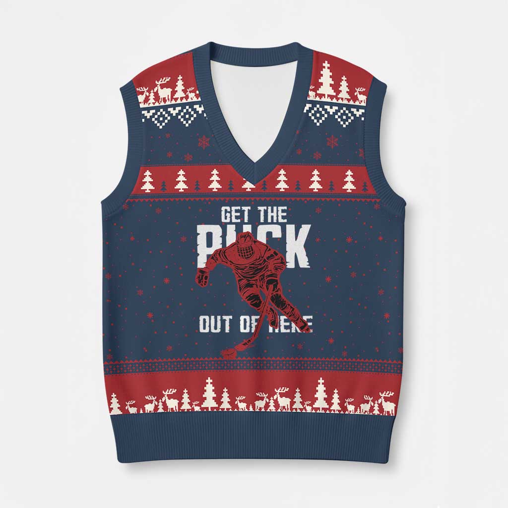 Get The Puck Out of Here V-Neck Knit Sweater Vest Sarcastic Ice Hockey Pun Humor