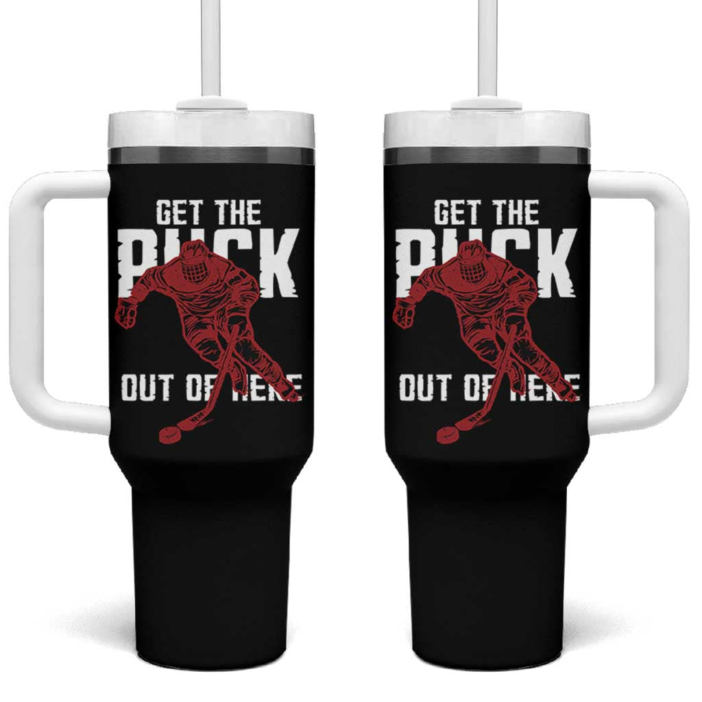 Get The Puck Out of Here Tumbler With Handle Sarcastic Ice Hockey Pun Humor