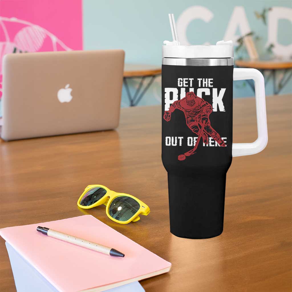 Get The Puck Out of Here Tumbler With Handle Sarcastic Ice Hockey Pun Humor