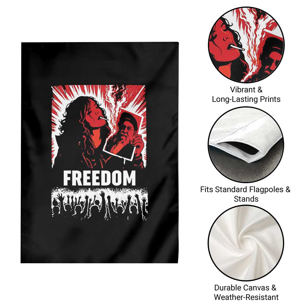 Freedom Iran Women Revolution 2026 Garden Flag Lighting Cigarette with Burning Portrait Graphic