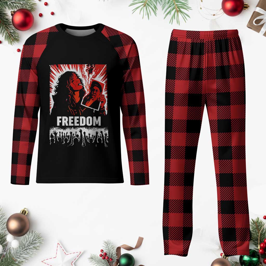 Freedom Iran Women Revolution 2026 Plaid Pajama Set Lighting Cigarette with Burning Portrait Graphic
