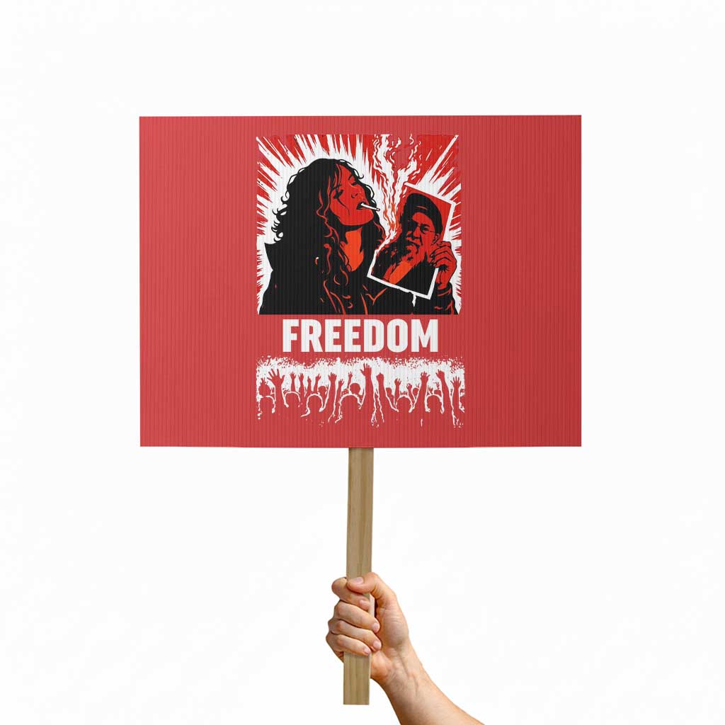 Freedom Iran Women Revolution 2026 Protest Sign Lighting Cigarette with Burning Portrait Graphic