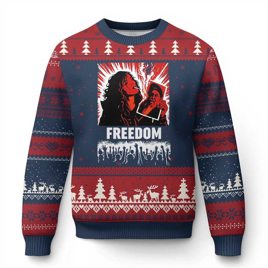 Freedom Iran Women Revolution 2026 Ugly Christmas Sweater Lighting Cigarette with Burning Portrait Graphic