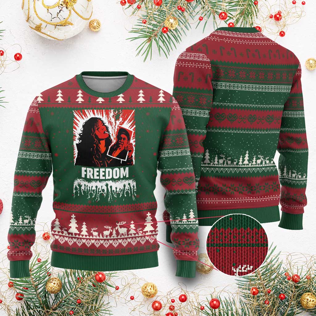 Freedom Iran Women Revolution 2026 Ugly Christmas Sweater Lighting Cigarette with Burning Portrait Graphic