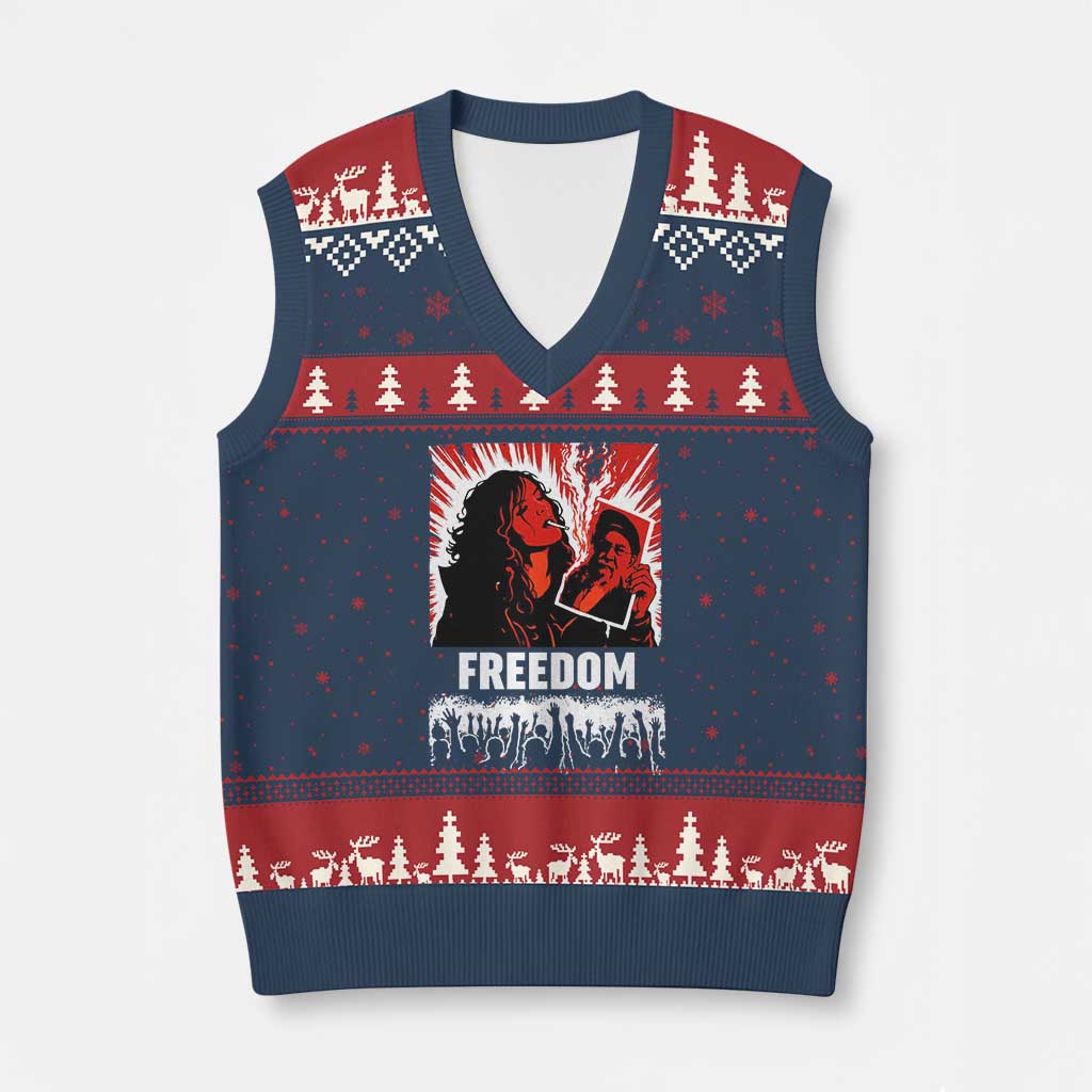 Freedom Iran Women Revolution 2026 V-Neck Knit Sweater Vest Lighting Cigarette with Burning Portrait Graphic
