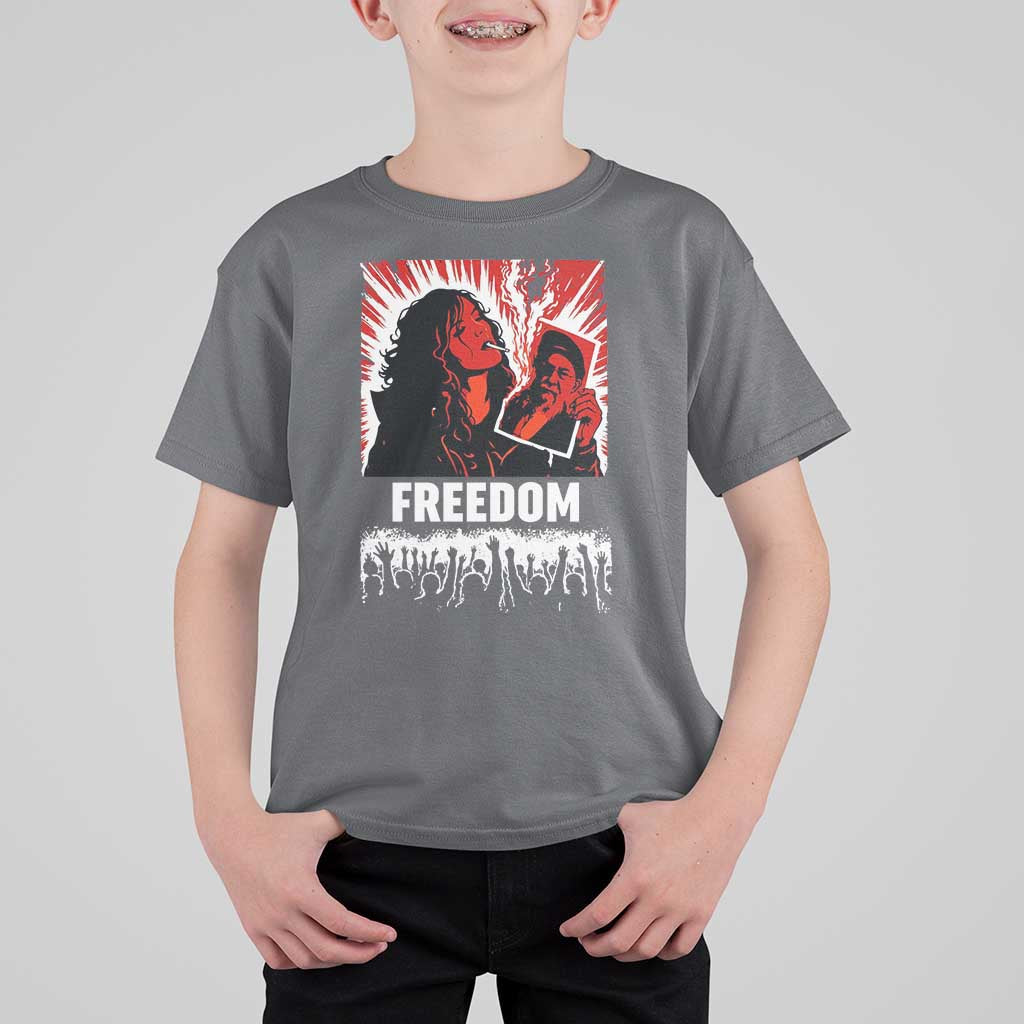 Freedom Iran Women Revolution 2026 T Shirt For Kid Lighting Cigarette with Burning Portrait Graphic
